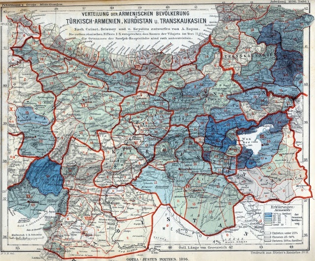 Χάρτης του 1896, που δείχνει την πυκνότητα των αρμενικών πληθυσμών στους νομούς της Ανατολικής Ανατολίας. Ο χάρτης αυτός είναι ένα  από τα στοιχεία που θα χρησιμοποιηθούν για τις εδαφικές διεκδικήσεις των Αρμενίων, στην τέταρτη φάση του αγώνας τους!!!