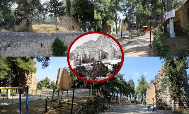 Σύνθεση εικόνων από το Κοζάν, το ιστορικό Σις. Στο κέντρο ιστορική φωτογραφία της έδρας του Αρμενικού Πατριαρχείου Κιλικίας και γύρω της η σημερινή εικόνα των ερειπίων